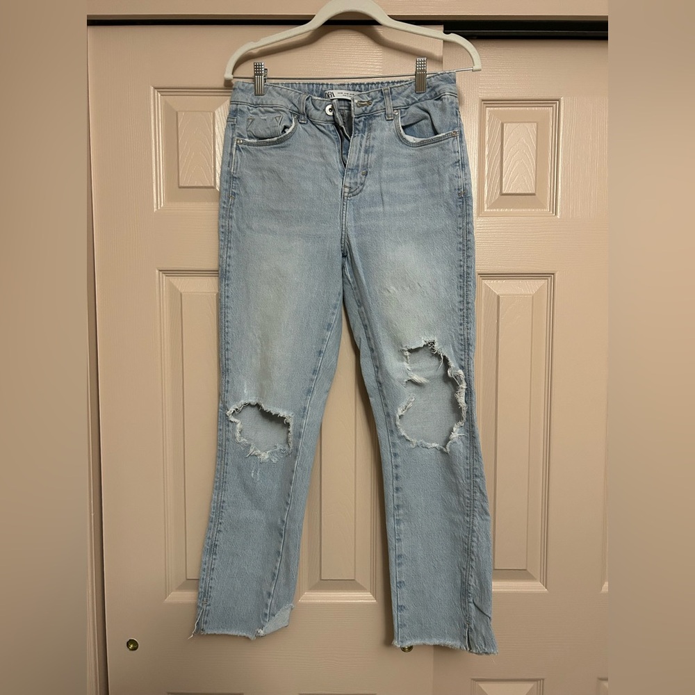 Zara Light Blue Straight Leg Distressed Jeans